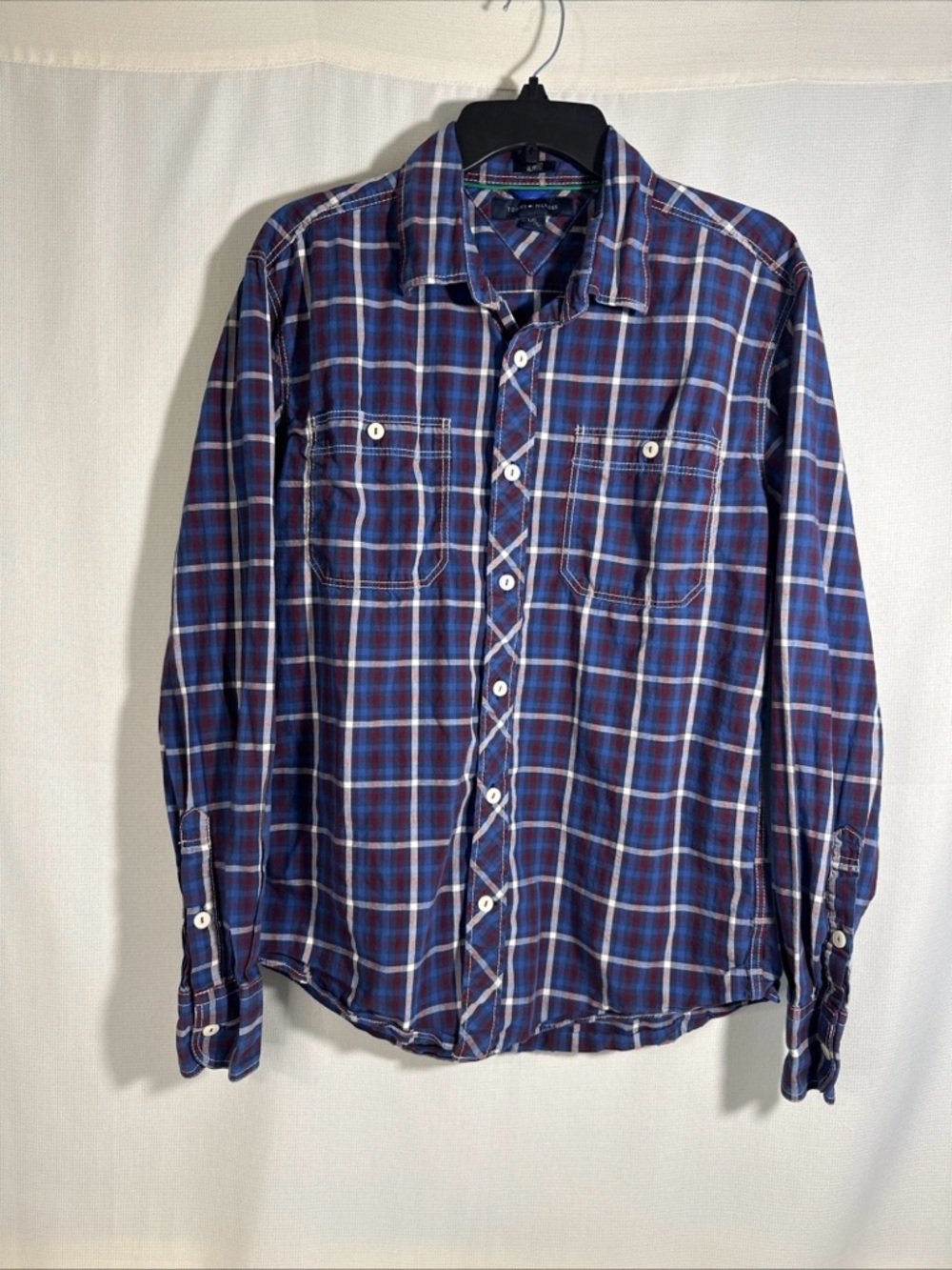 Tommy Hilfiger Blue and Red Plaid Casual Button-Down Shirt